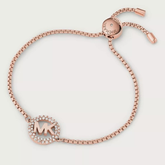 MICHAEL KORS Rose Gold Pave Logo Charm Slider Bracelet MKJ7321791 MKJ7321 NIB - Picture 1 of 6